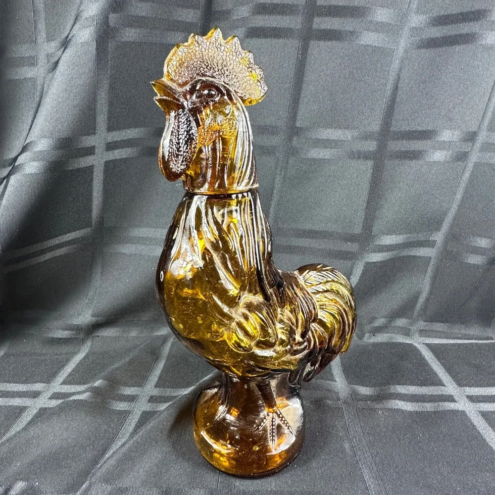 Vintage Amber Glass Rooster Decanter Figurine Mid Century Farmhouse Decor 12.5in
